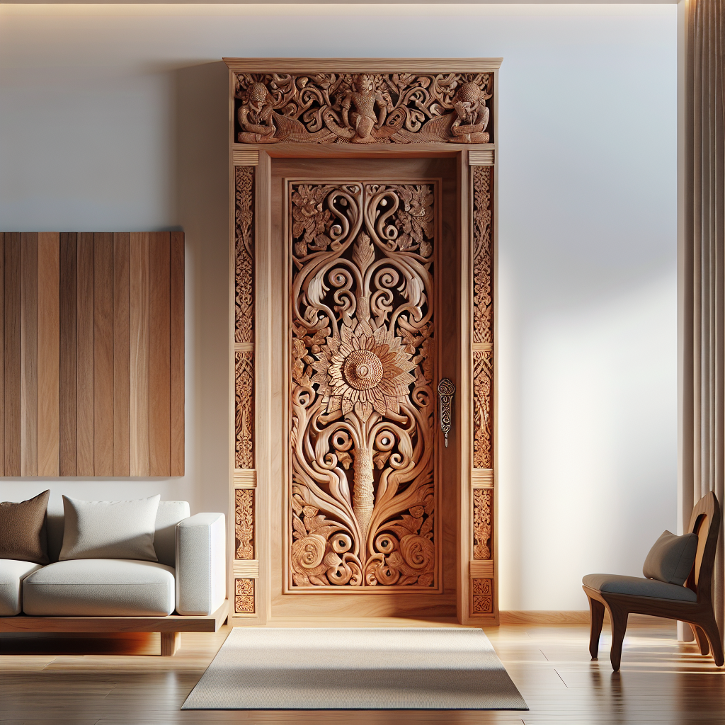 Pintu jati Jepara dengan ukiran kayu tradisional dan finishing halus