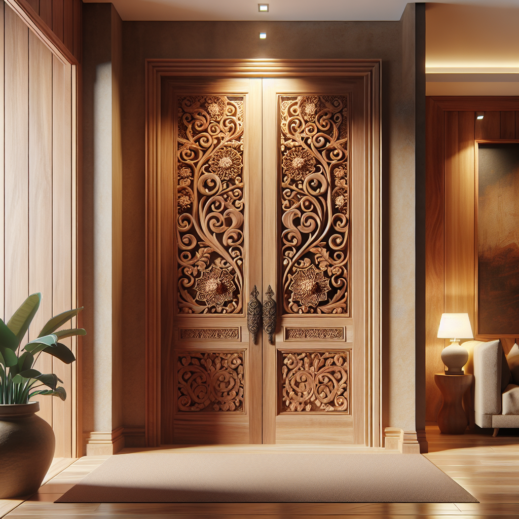 Pintu jati Jepara dengan ukiran khas dan finishing natural
