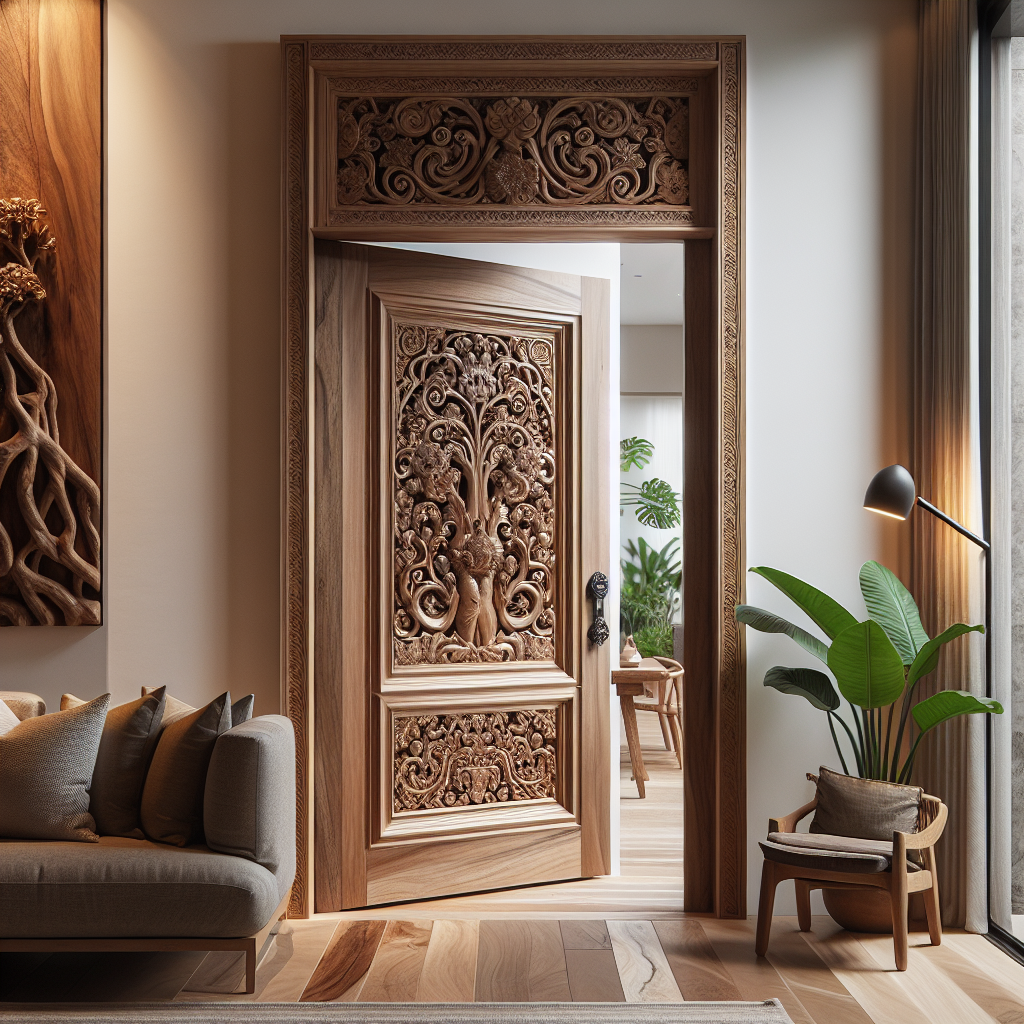 Pintu jati Jepara dengan ukiran khas dan finishing natural
