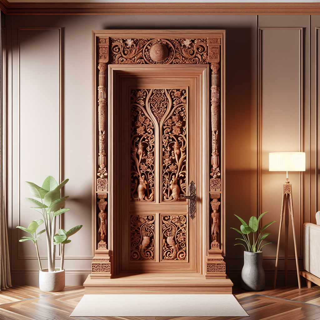 Pintu kayu jati dengan ukiran khas Jepara di rumah modern