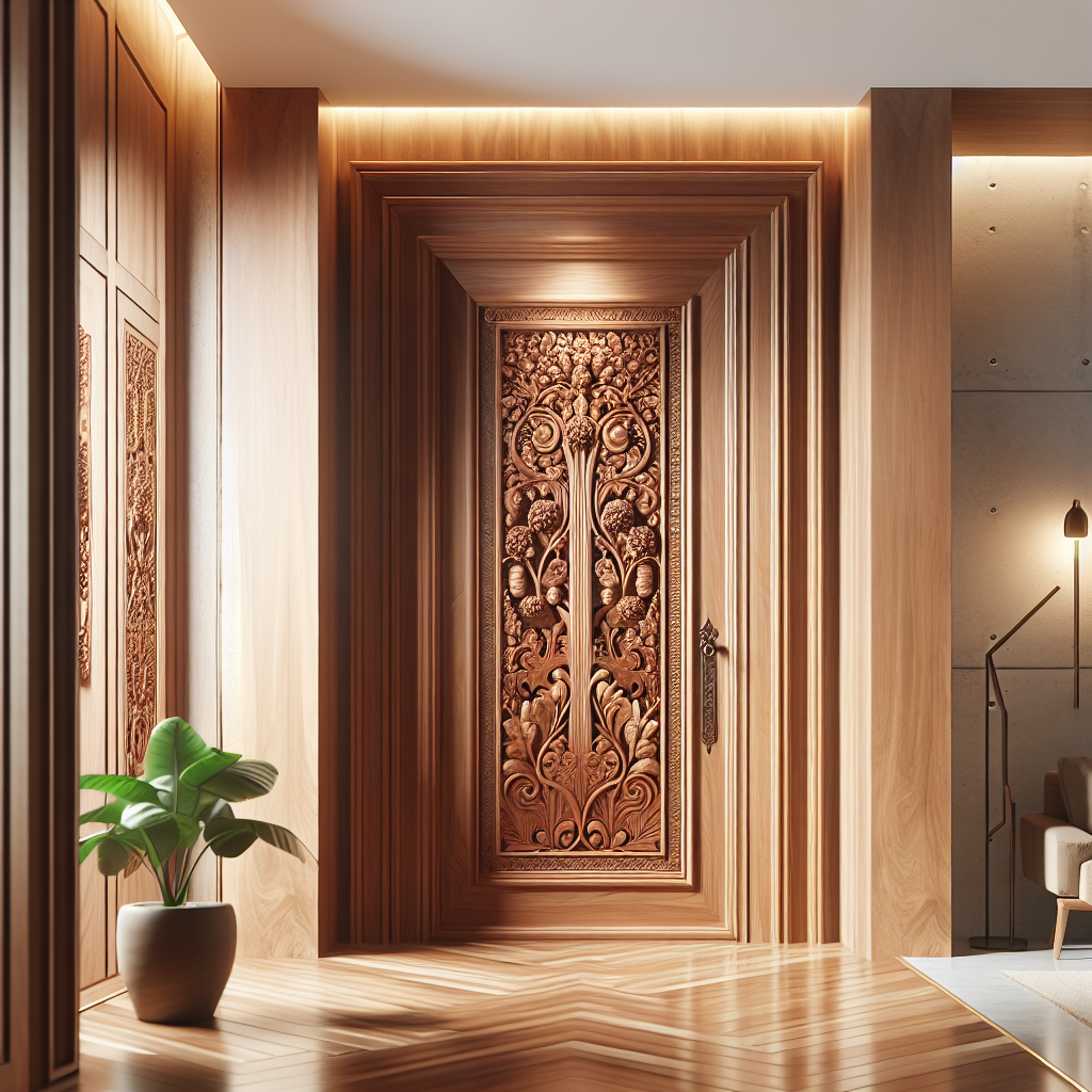 Pintu kayu ukir Jepara berdesain elegan dengan kusen kayu di pintu rumah modern