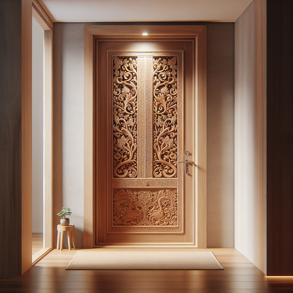 Pintu kayu dengan ukiran Jepara dan kusen pintu di ruang masuk rumah modern