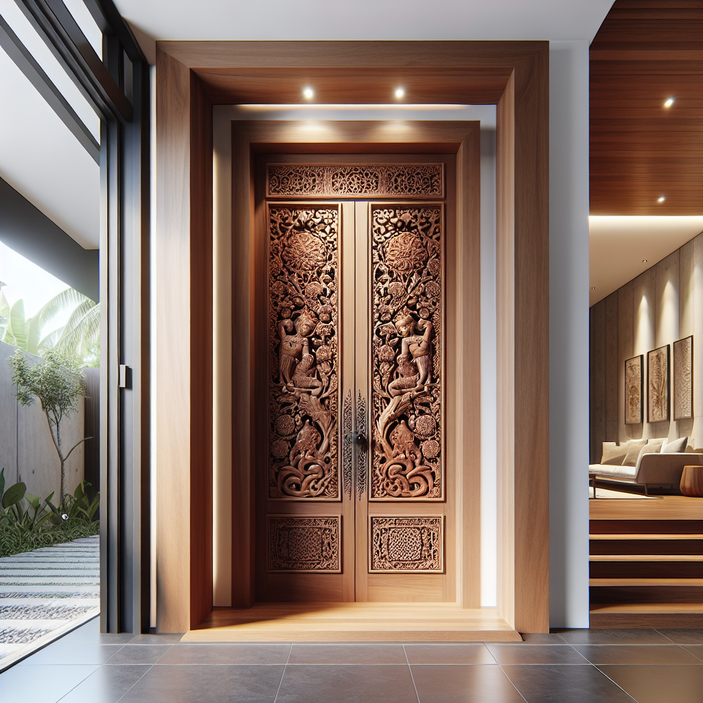 Pintu kayu Jepara dengan ukiran khas dan kusen kayu kokoh di pintu rumah modern
