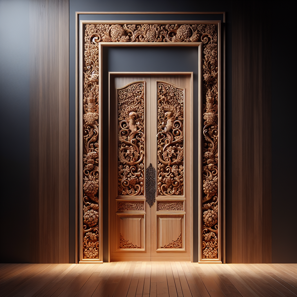 Pintu kayu dengan ukiran Jepara dan kusen pintu di rumah modern