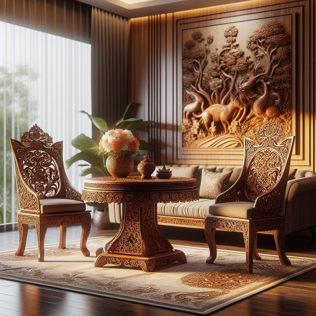 Set furniture Jepara dengan ukiran kayu jati khas di ruang tamu modern