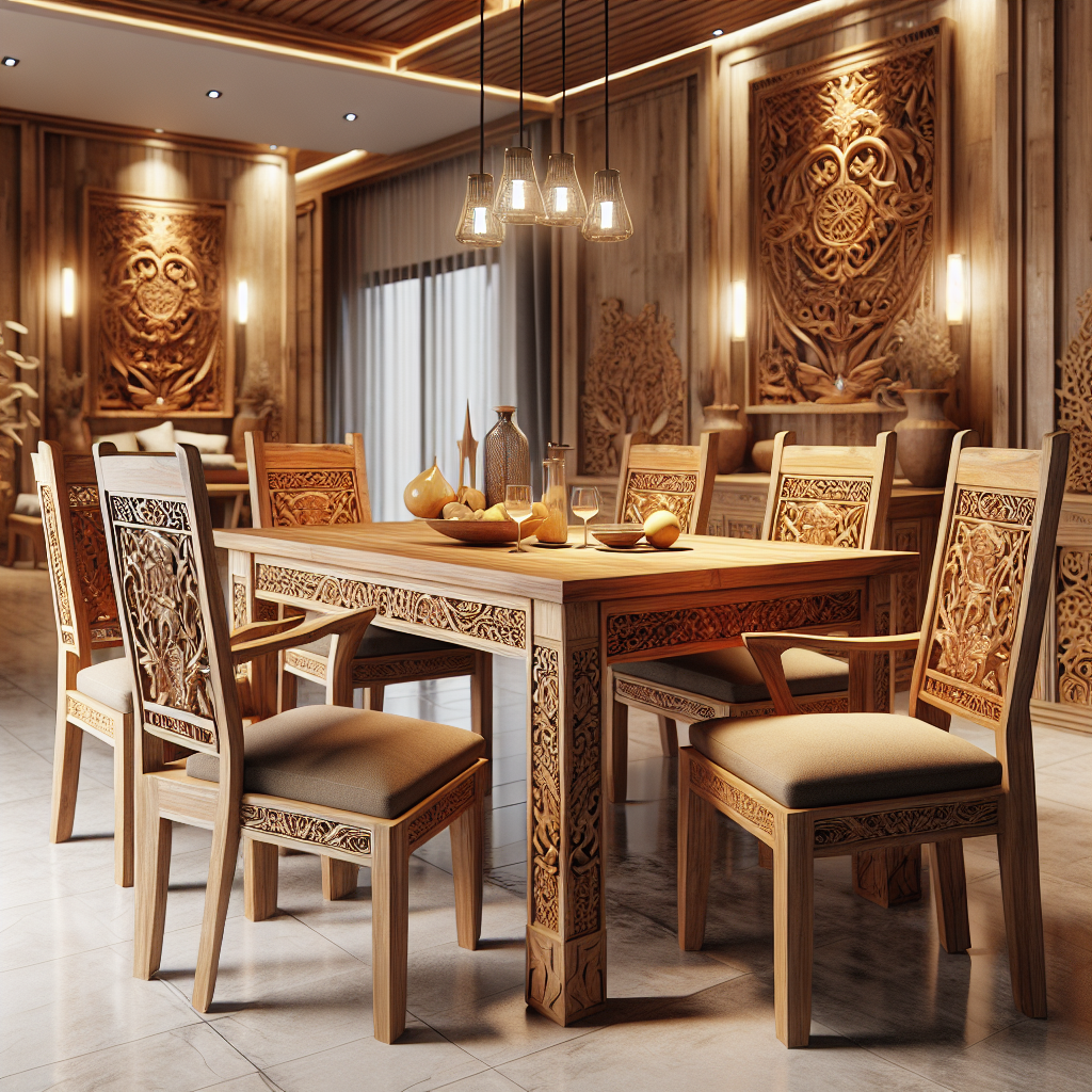 Meja makan kayu jati dengan empat kursi di ruang makan minimalis