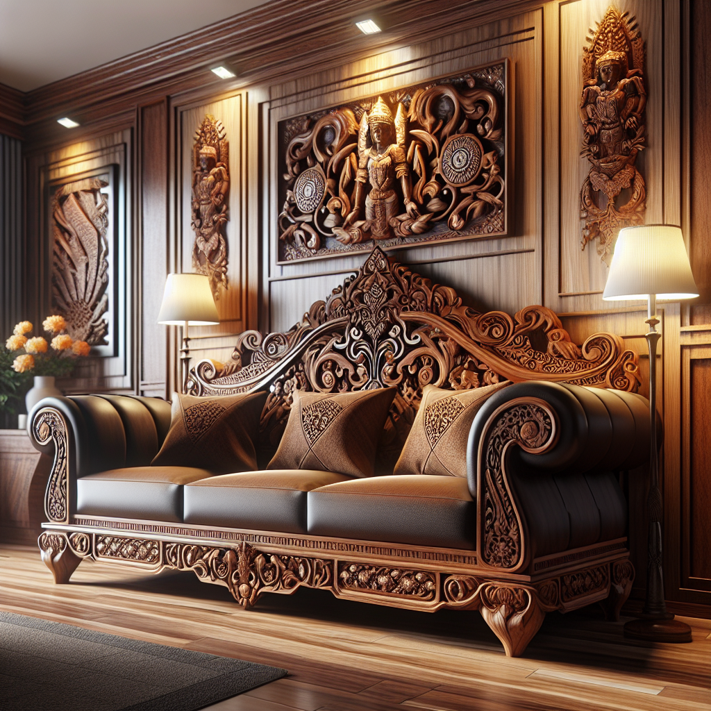 Sofa jati dengan desain ukiran khas Jepara di ruang tamu modern
