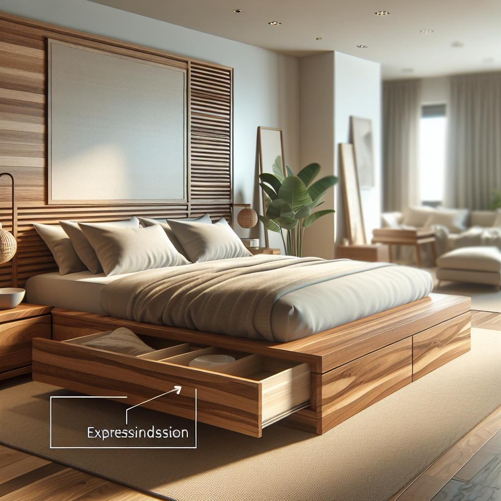 Tempat tidur jati dengan laci penyimpanan di bagian bawah di kamar tidur modern