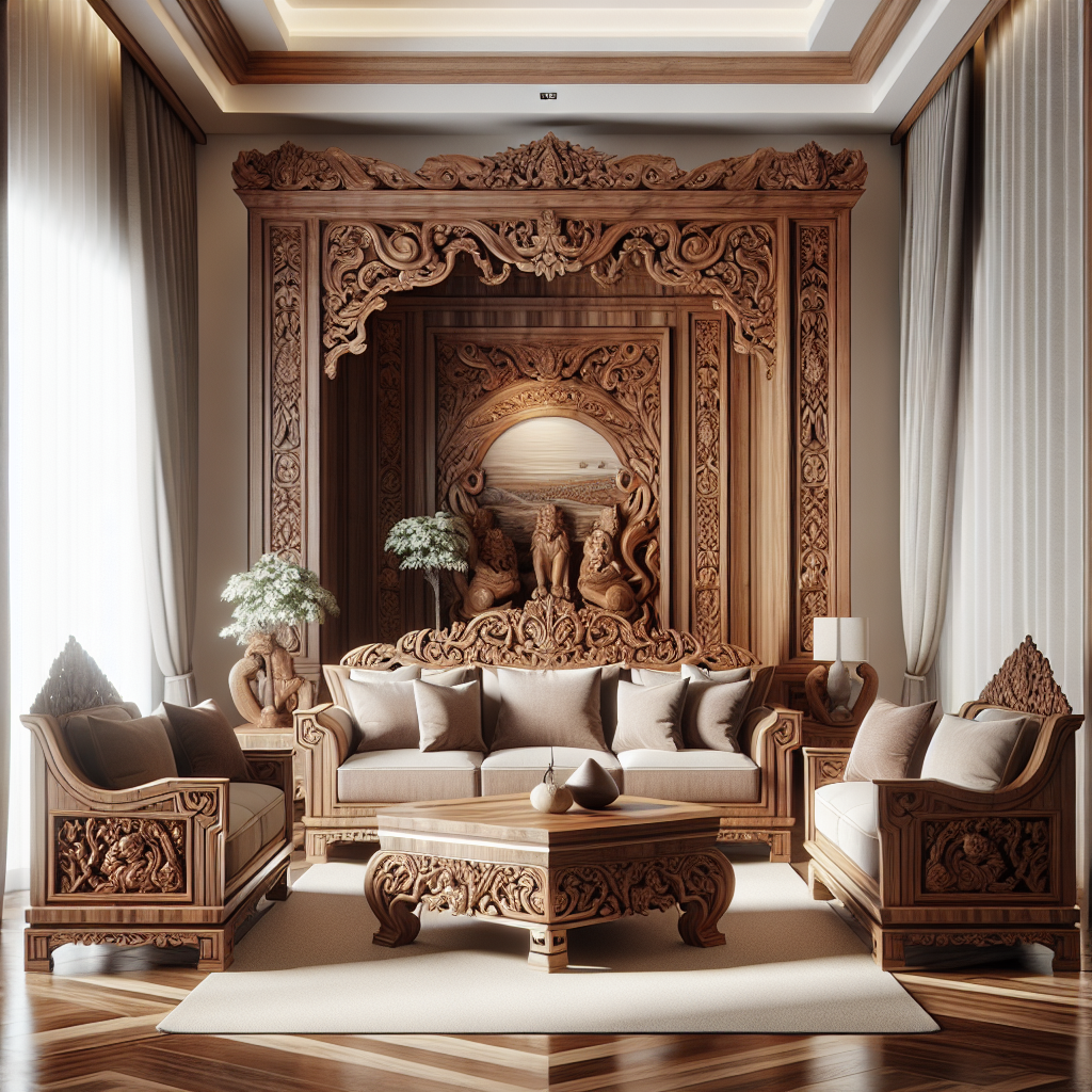 Custom wooden furniture with Jepara carving in elegant living room