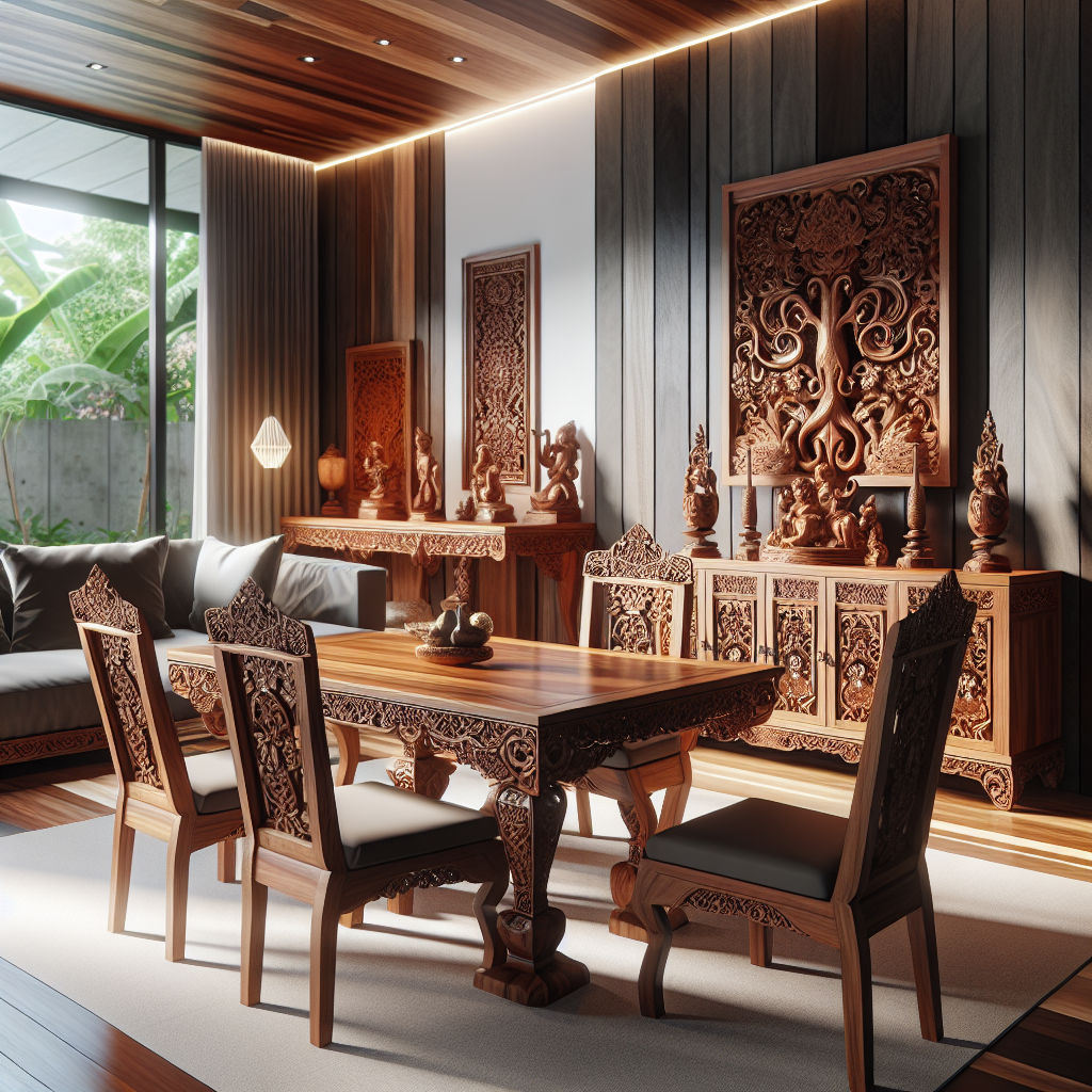 Furniture Jepara kayu jati dengan ukiran tangan halus di ruang tamu modern