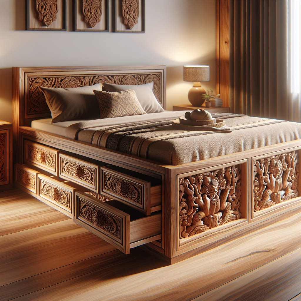 Tempat tidur jati dengan laci cilincing dan ukiran kayu halus