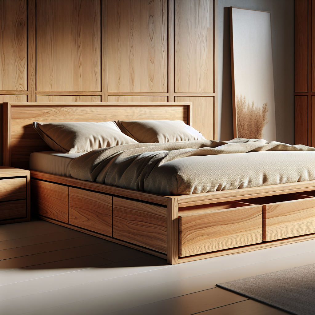 Keunggulan Tempat Tidur Jati Model Laci Kramat Jati untuk Hunian Anda 1 Tempat tidur jati model laci dengan desain minimalis dan finishing alami
