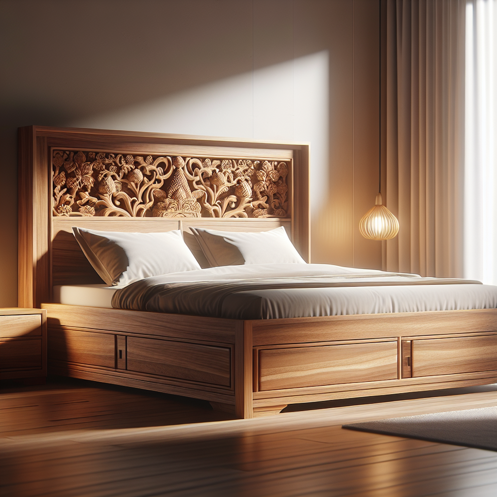 Keunggulan Tempat Tidur Jati Model Laci Lembang untuk Hunian Anda 1 Tempat tidur kayu jati model laci dengan desain elegan di kamar modern
