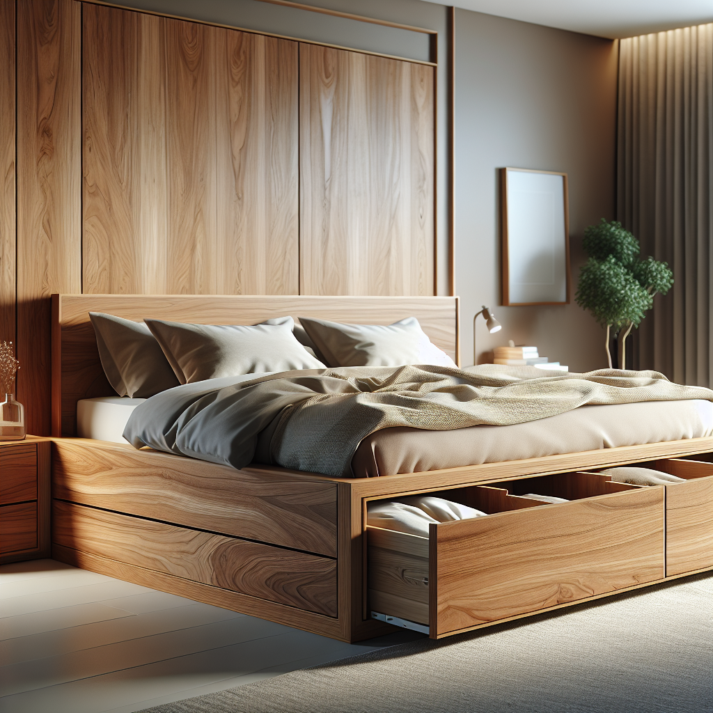 Tempat tidur jati dengan model laci di kamar minimalis