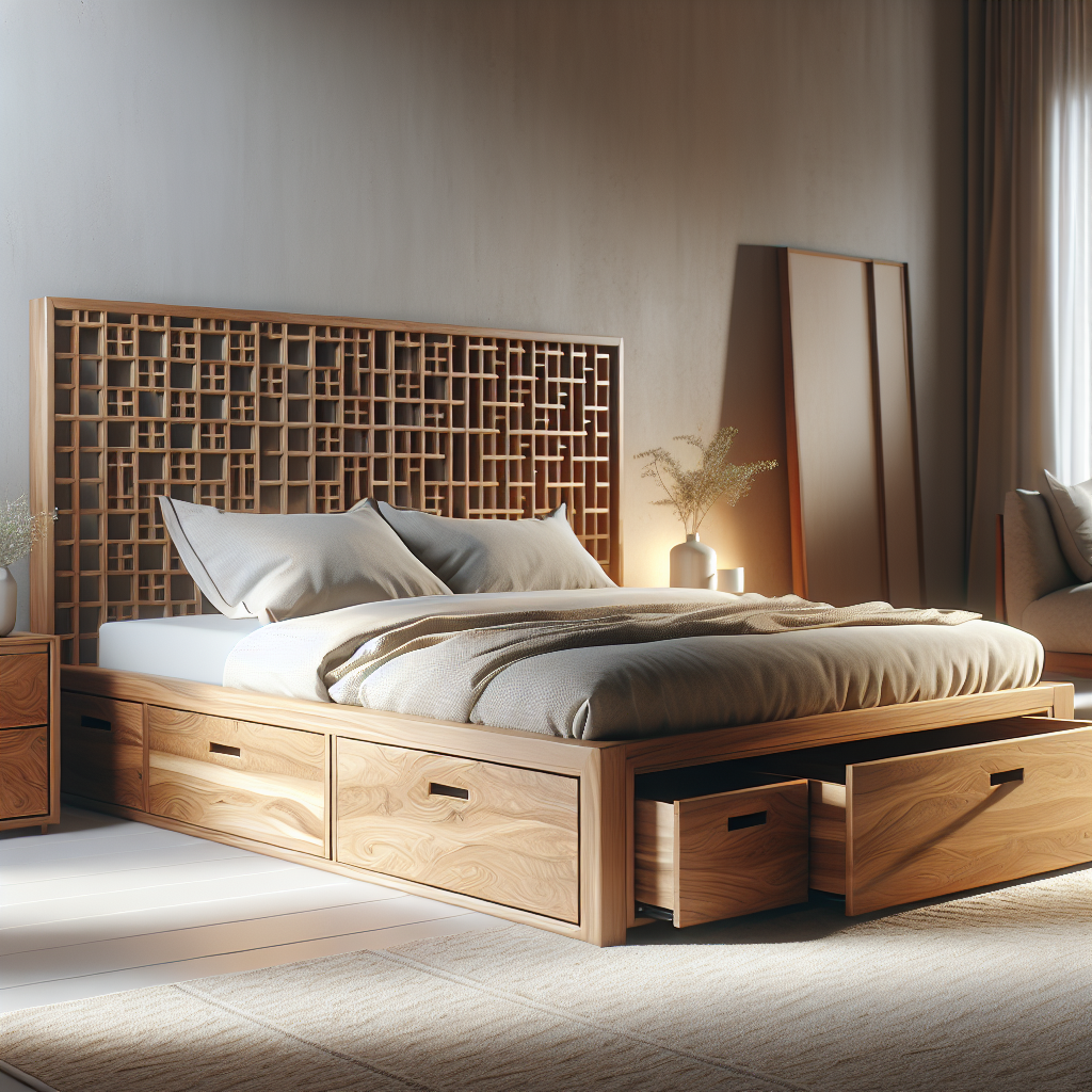 Tempat tidur kayu jati dengan laci dan desain penjaringan di kamar modern