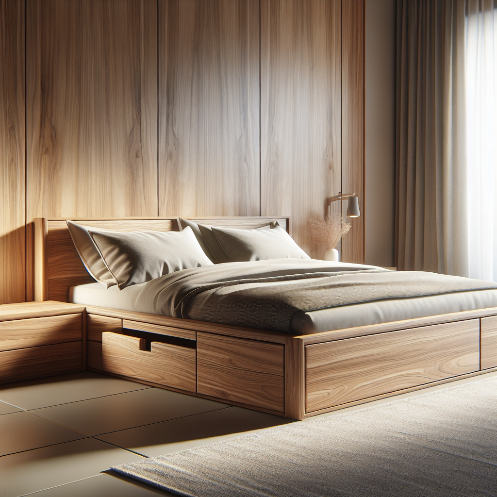 Tempat tidur kayu jati dengan laci penyimpanan di kamar modern