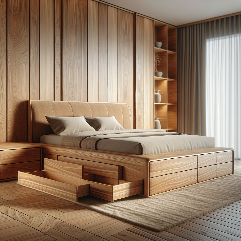 Tempat tidur jati dengan laci di kamar modern Kebayoran Baru