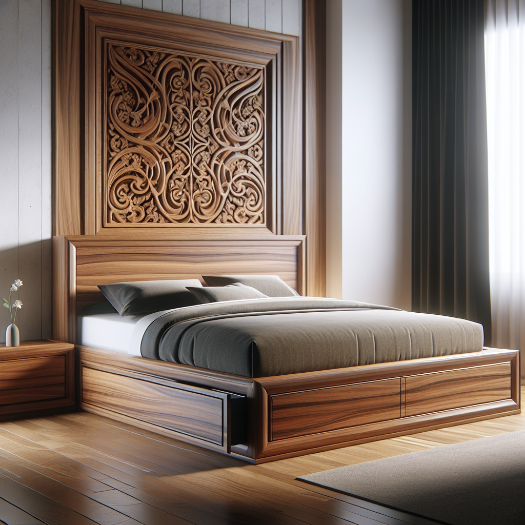 Tempat tidur kayu jati dengan laci banjaran di kamar modern