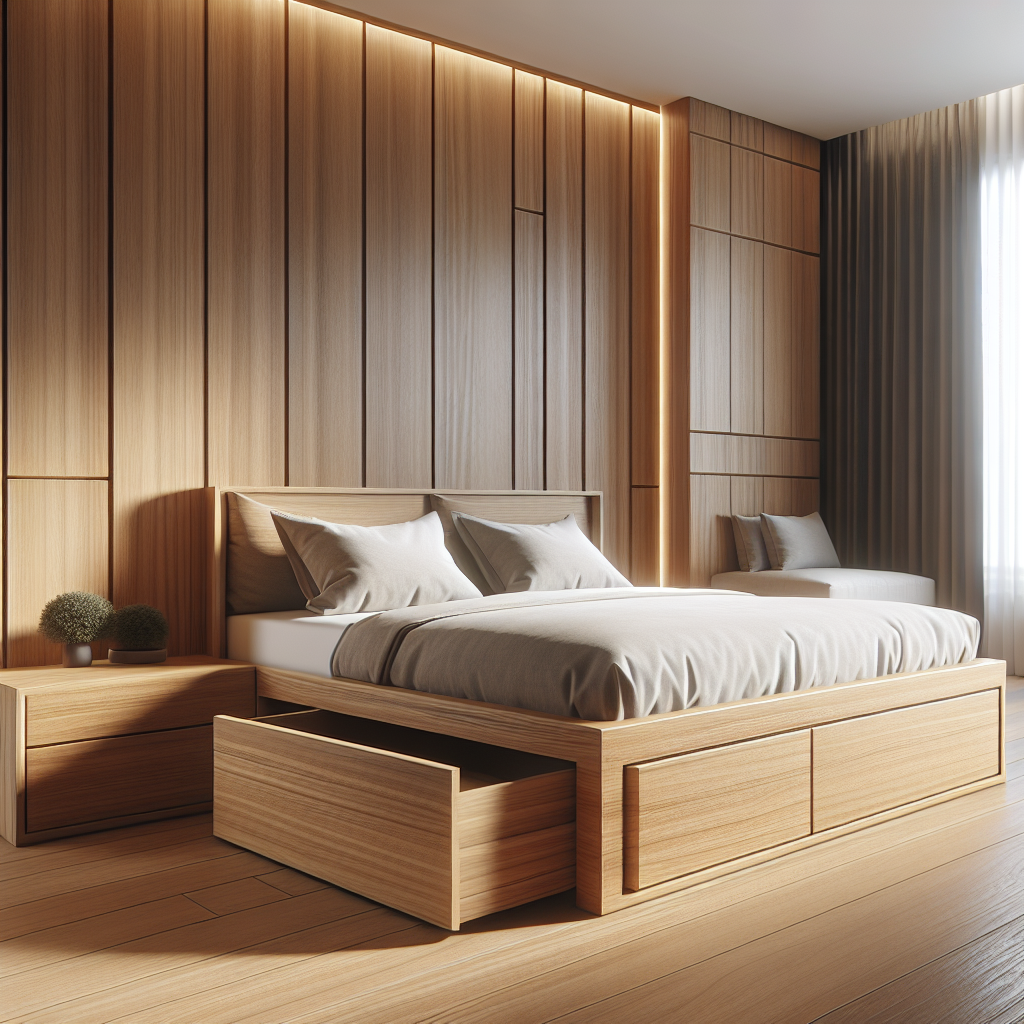 Tempat tidur jati model laci dengan desain minimalis dan warna alami kayu jati