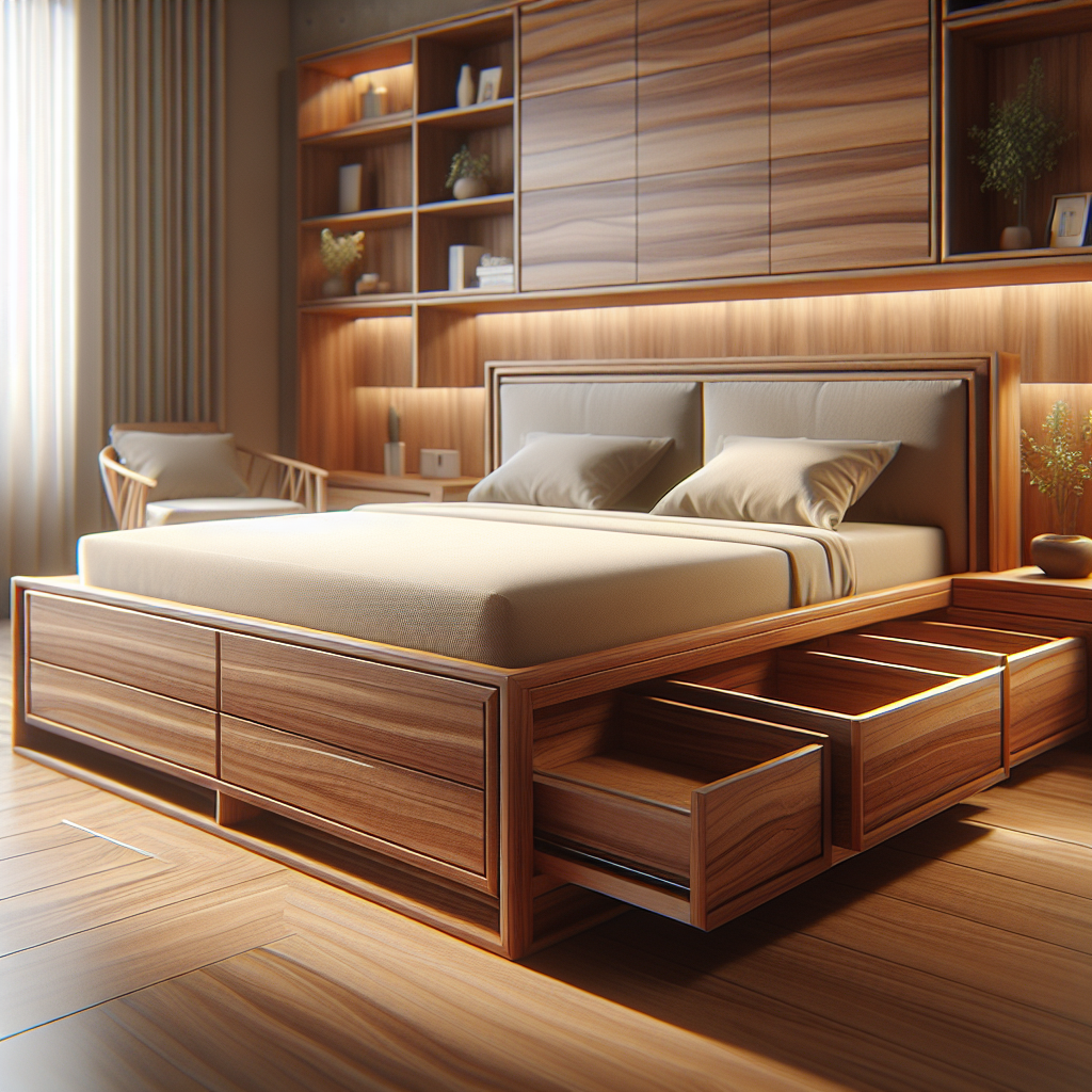 Tempat tidur jati dengan laci built-in di kamar tidur minimalis