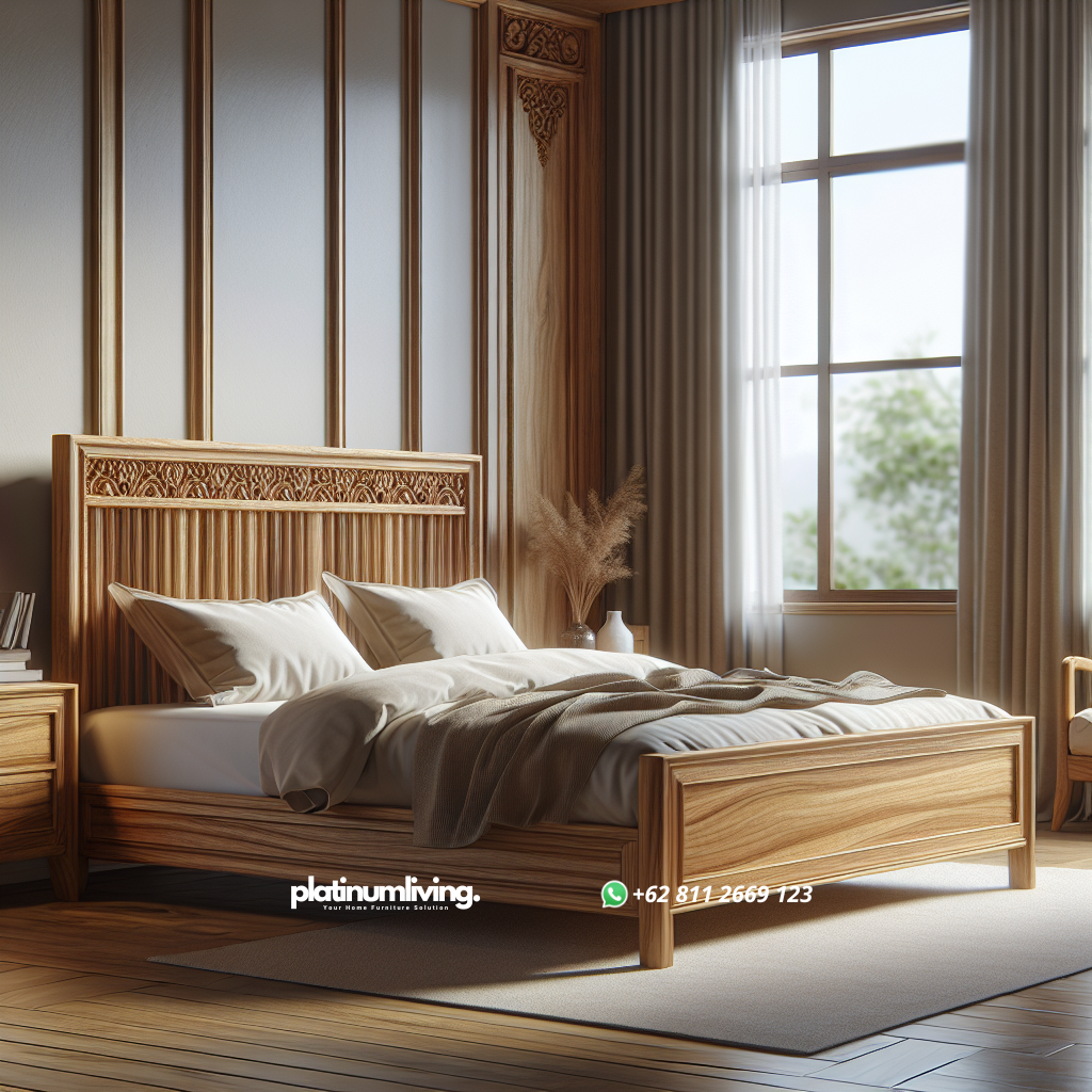 Tempat tidur dari kayu jati asli dengan desain elegan dan serat kayu alami
