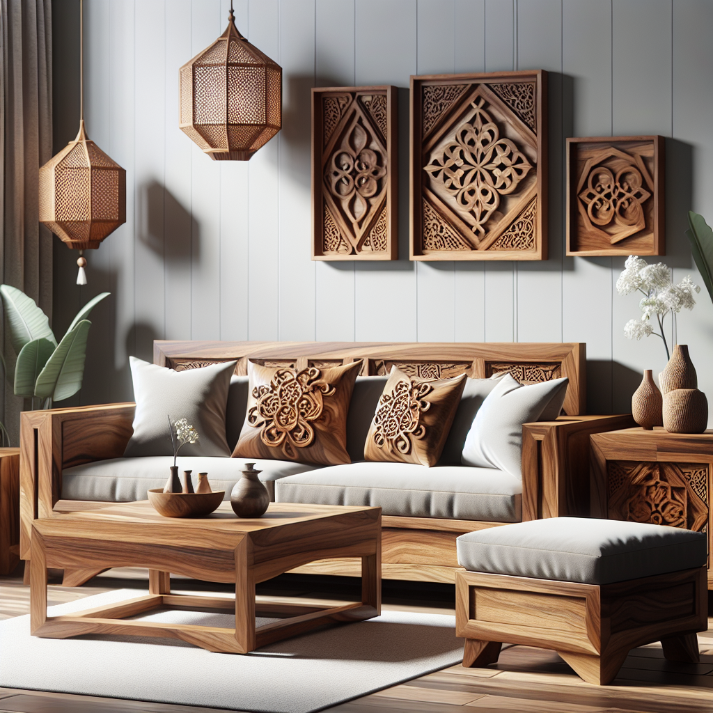 Set furniture jati dan minimalis dengan ukiran khas Jepara di ruang tamu modern