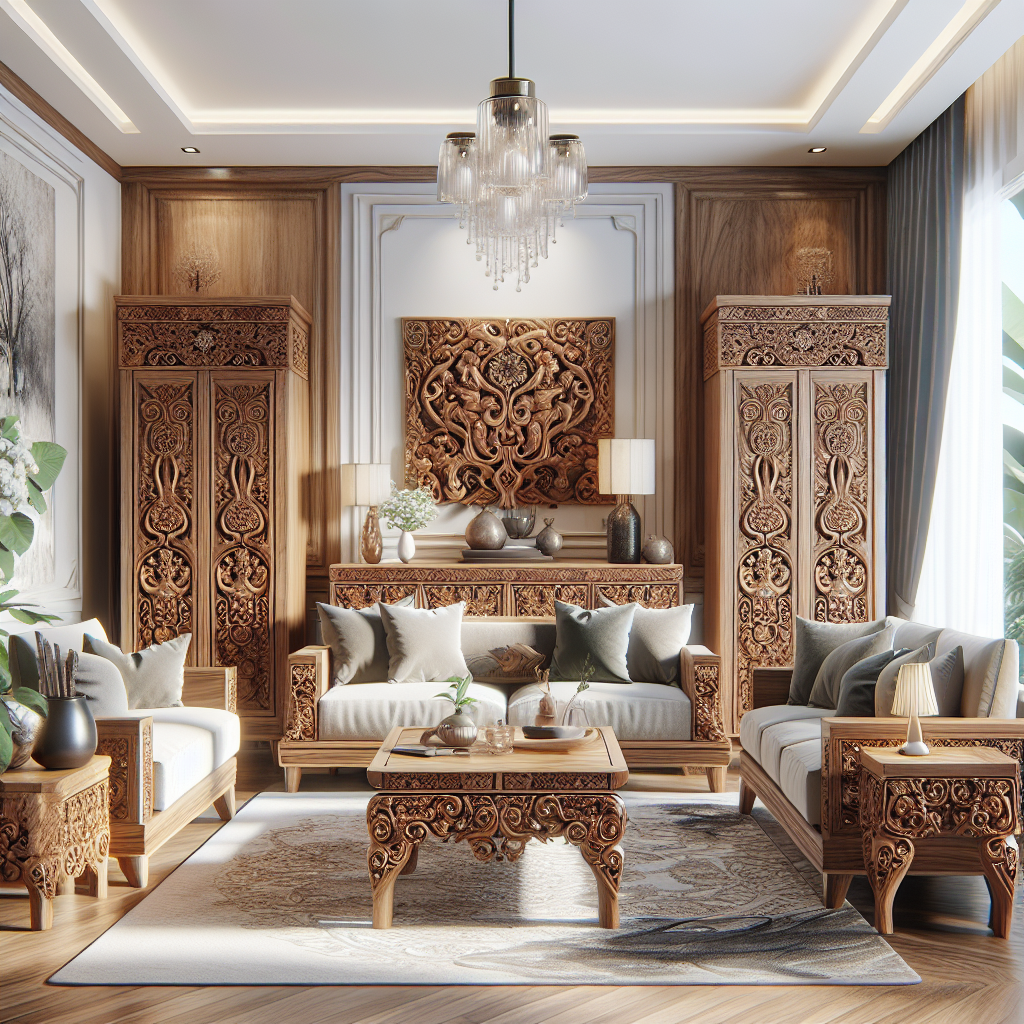 Set mebel kayu jati berukir khas Jepara dengan desain modern di ruang tamu