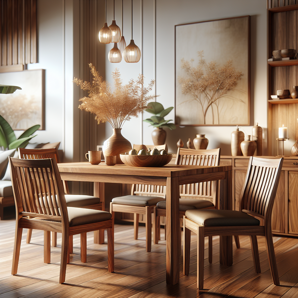 Meja makan kayu jati solid dengan empat kursi di ruang makan modern