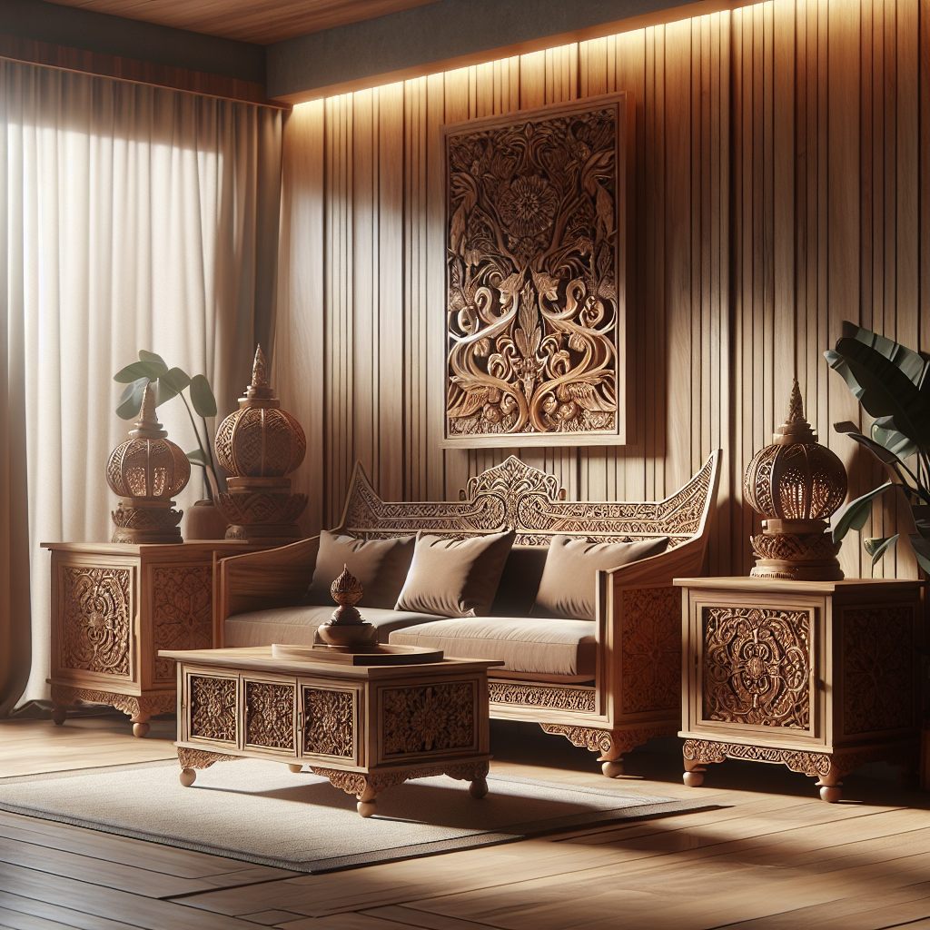 Furniture kayu jati ukiran Jepara dengan desain klasik di ruang tamu modern