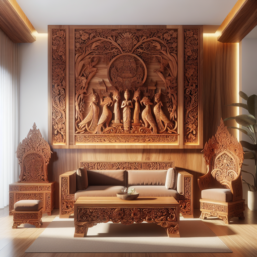 Jepara teak wood furniture set with detailed carvings in elegant living room