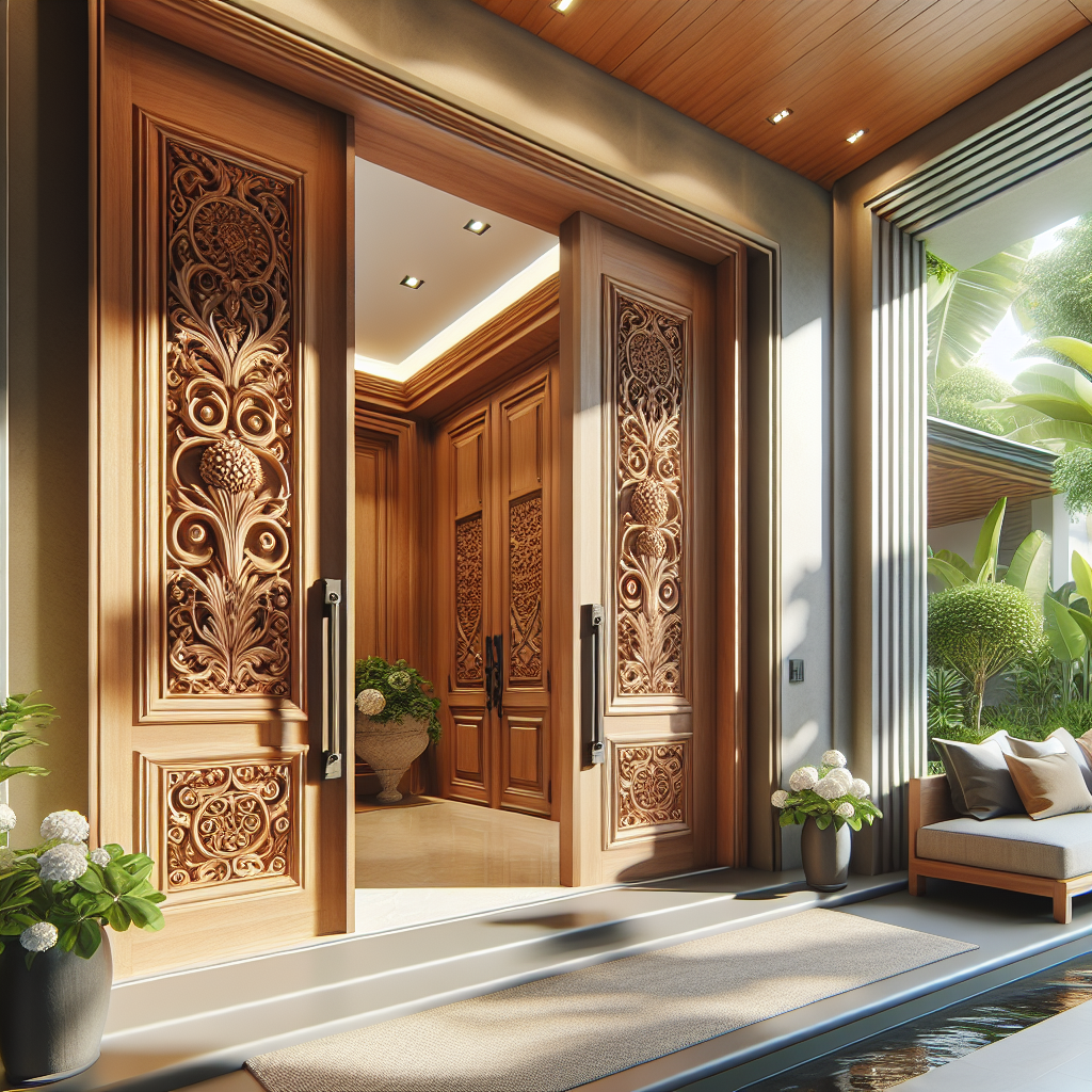 Solid teak wood door with two panels and intricate carving