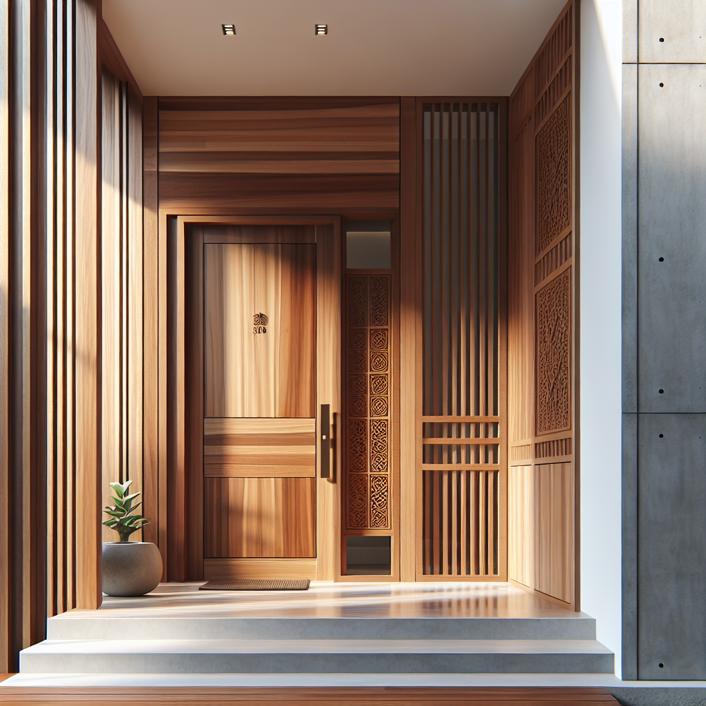 Pintu kayu jati modern dengan panel kaca dan desain minimalis