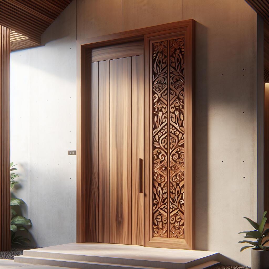 Pintu kayu jati dengan desain modern dan ukiran khas Jepara
