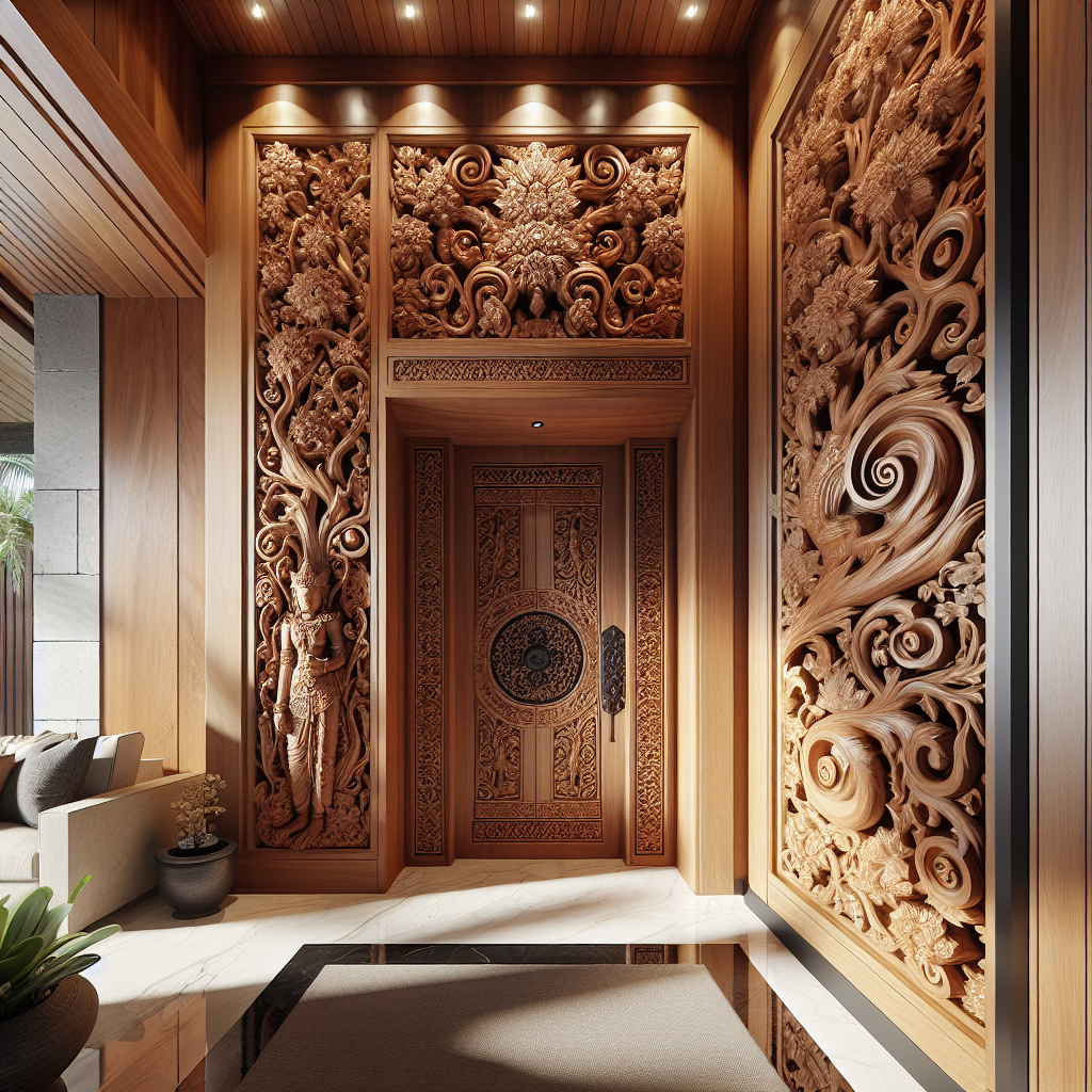 Pintu kayu jati Jepara dengan ukiran tradisional dan finishing mewah