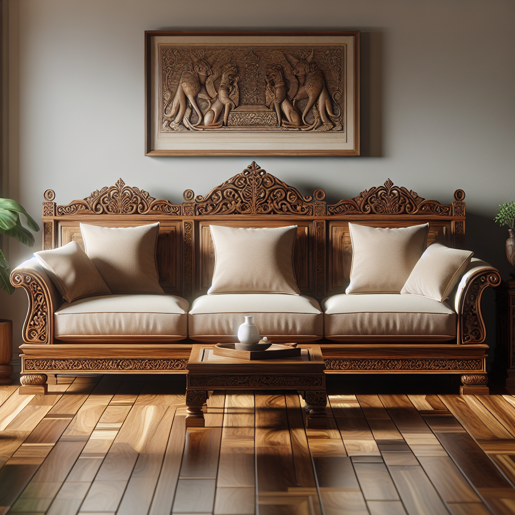 Sofa kayu jati Jepara dengan ukiran khas dan cushioned seats
