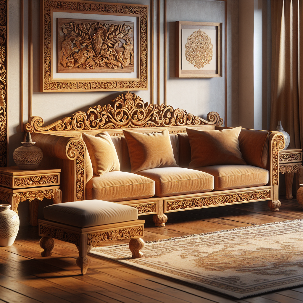 Sofa kayu jati Jepara dengan ukiran khas dan finishing keemasan