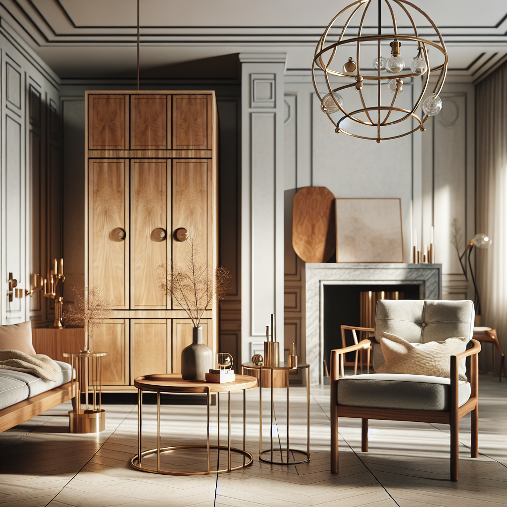Interior ruang tamu dengan berbagai furnitur dan mebel kayu serta modern