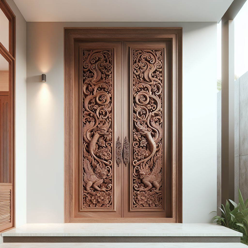 Pintu kayu ukir Jepara dengan motif tradisional dan finishing coklat alami