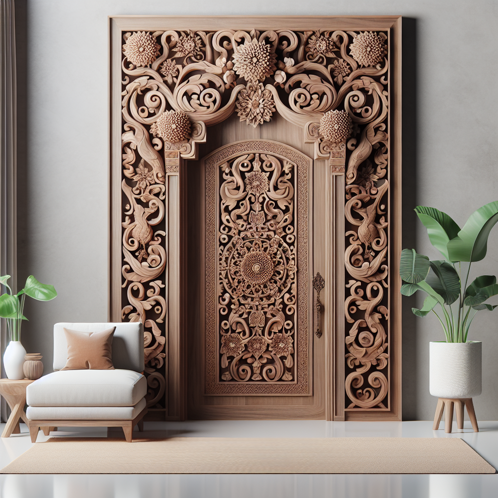 Pintu kayu ukir Jepara bergaya modern klasik di sebuah rumah elegan