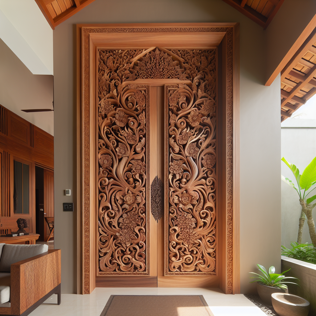 Pintu ukir Jepara dari kayu jati dengan desain klasik dan modern