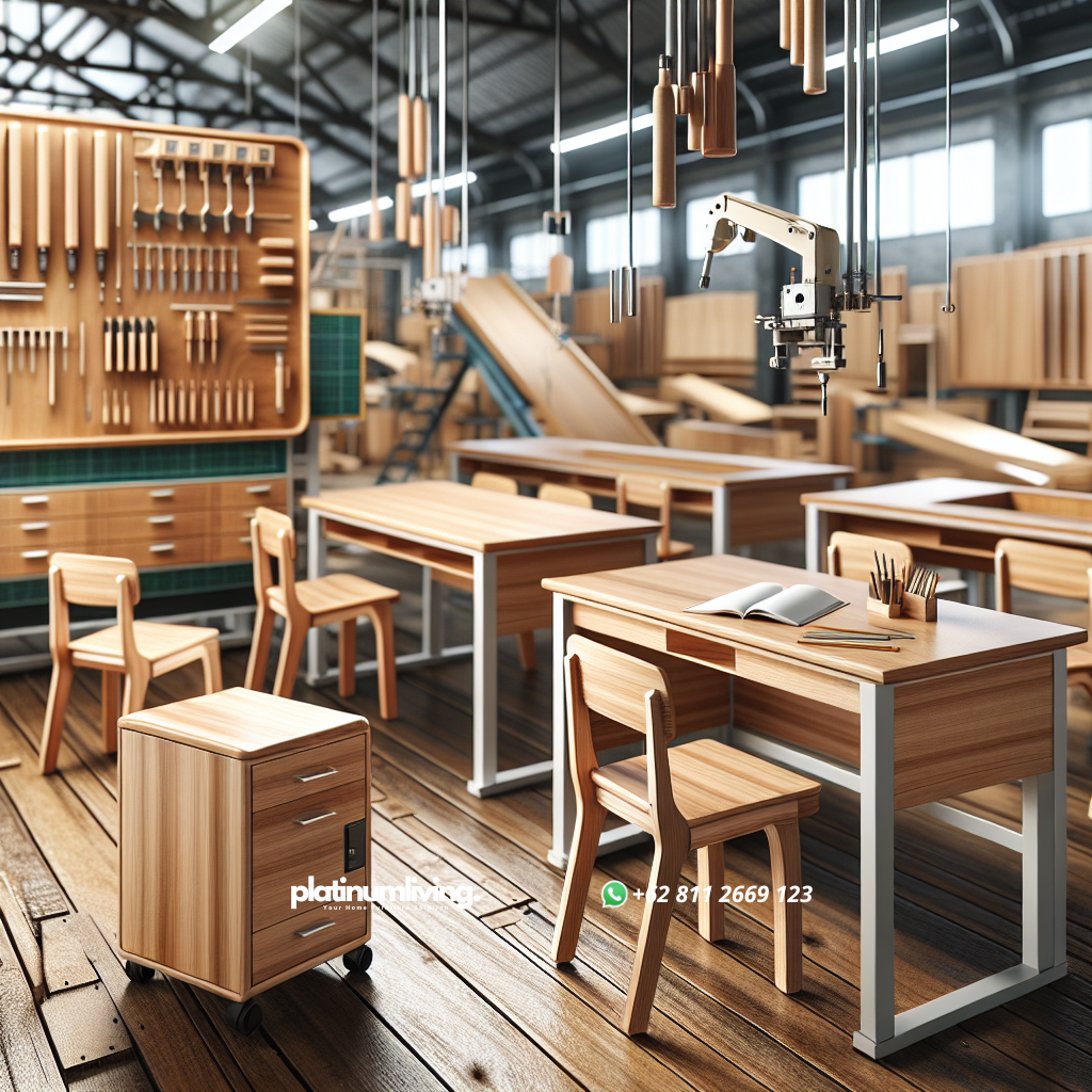 Set meja dan kursi sekolah dari kayu jati berkualitas di workshop