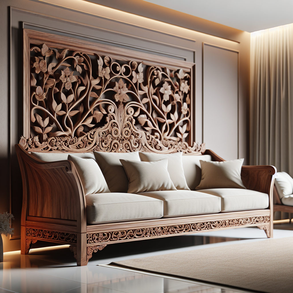Sofa jati Jepara dengan ukiran tradisional dan bantalan nyaman di ruang tamu modern