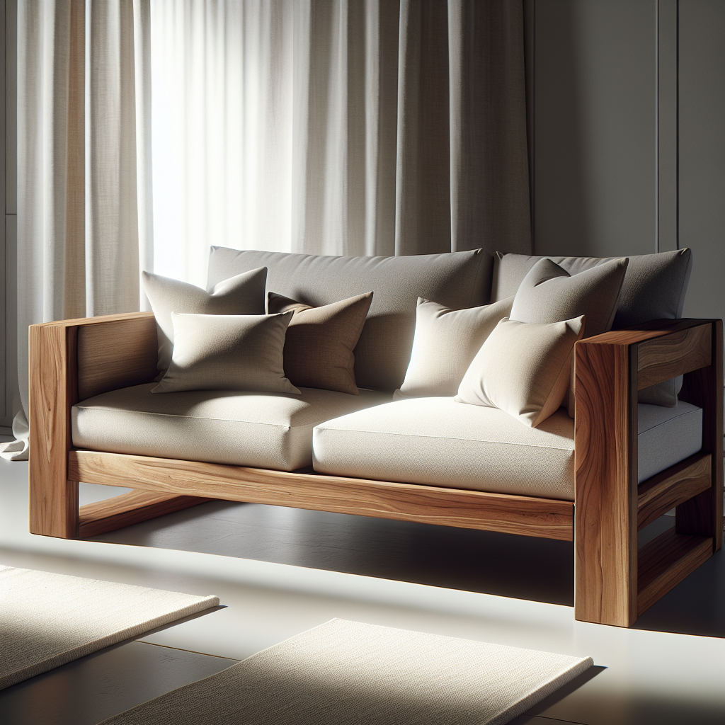 Sofa jati minimalis modern dengan bantalan warna netral di ruang tamu minimalis
