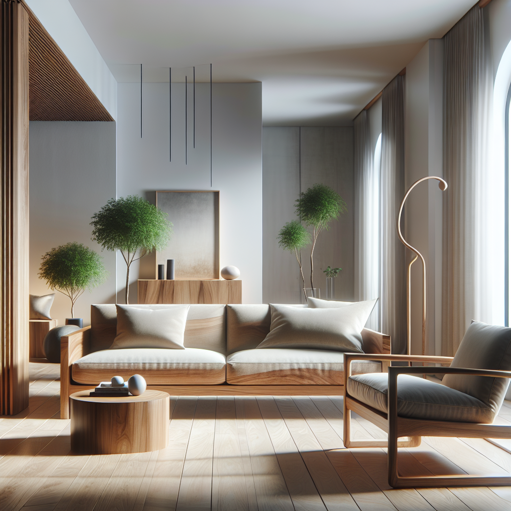 Sofa jati minimalis warna natural di ruang tamu modern