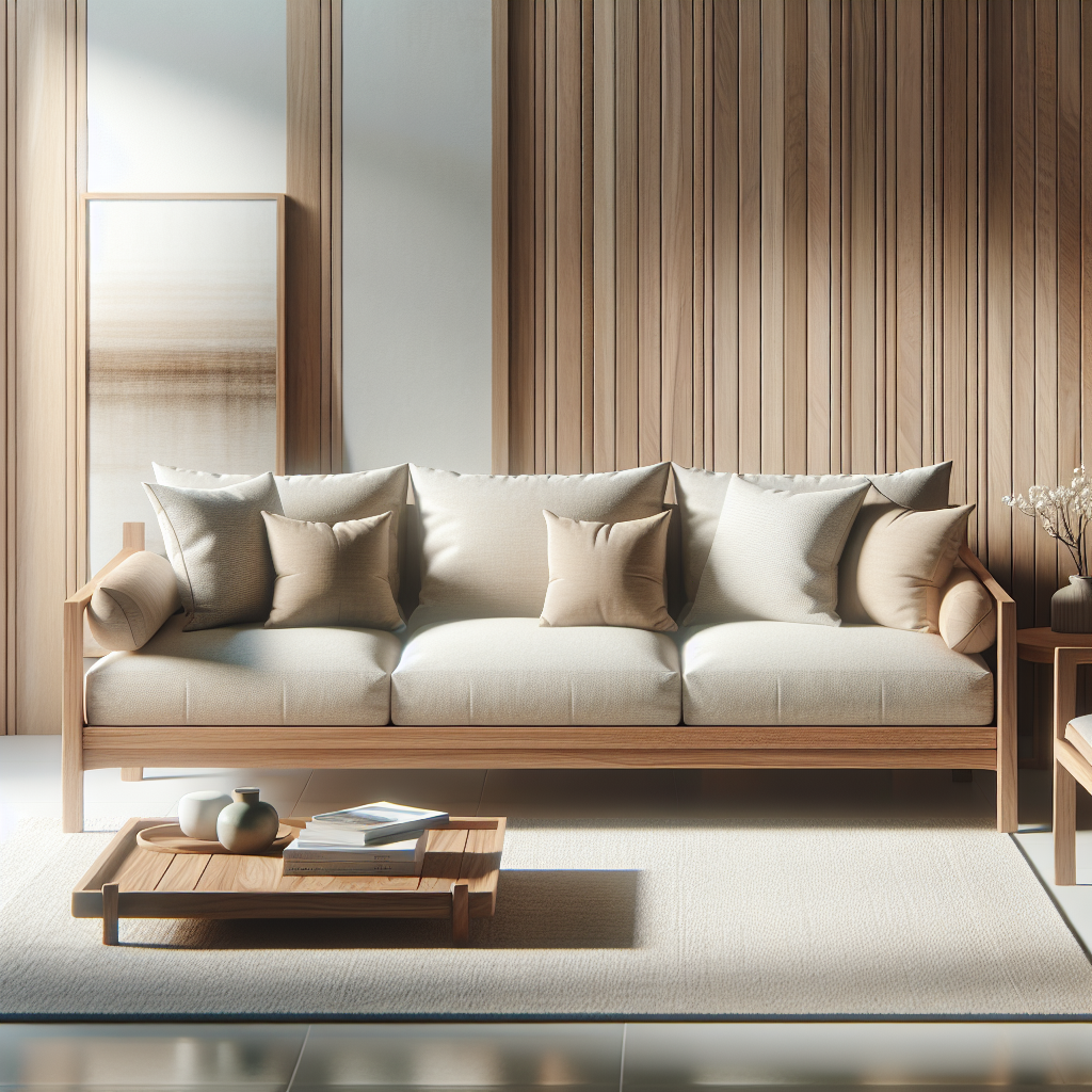 sofa jati minimalis dengan finishing natural dan bantalan empuk di ruang tamu modern