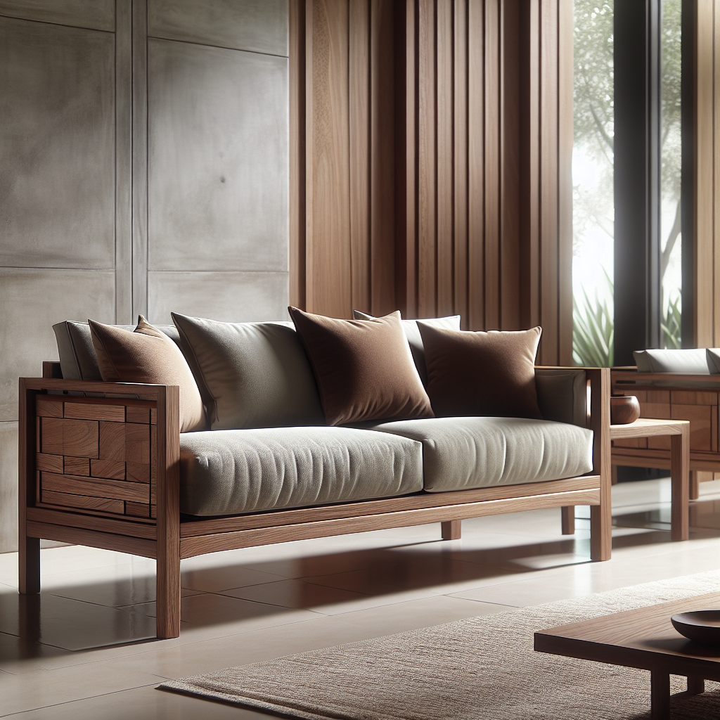 Minimalistic teak wood sofa with cushions in modern living room