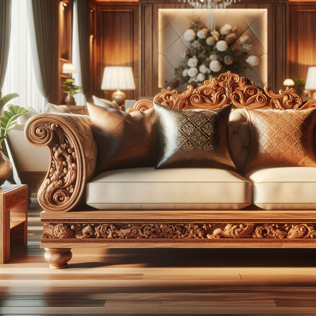 Sofa kayu jati mewah dengan bantalan empuk di ruang tamu elegan