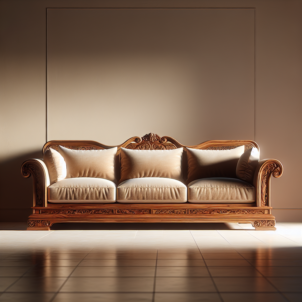 Sofa kayu jati mewah dengan bantalan velvet di ruang tamu modern