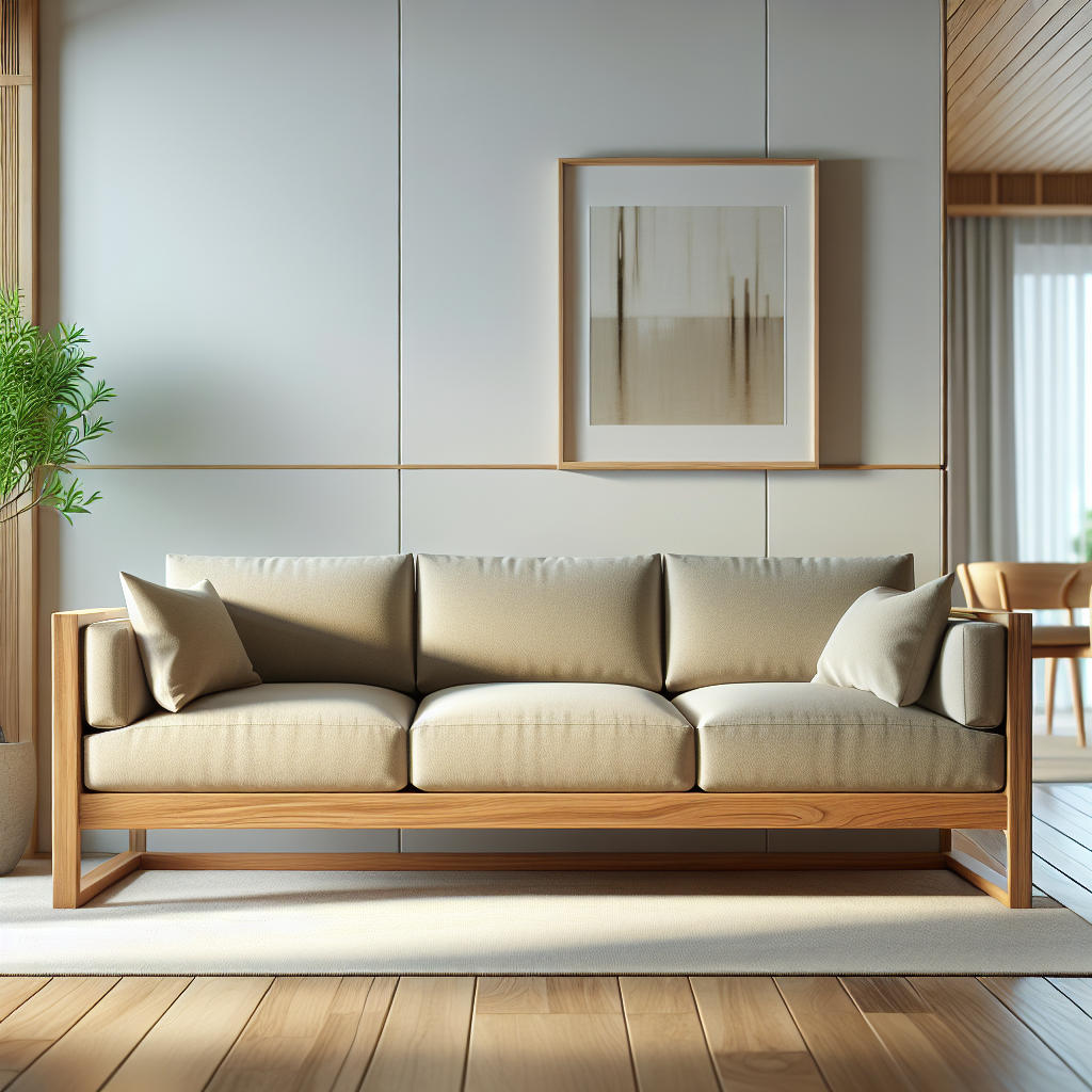 Sofa kayu jati minimalis dengan bantalan warna krem di ruang tamu modern