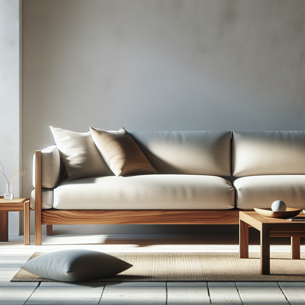Sofa kayu jati minimalis dengan bantal nyaman di ruang tamu modern